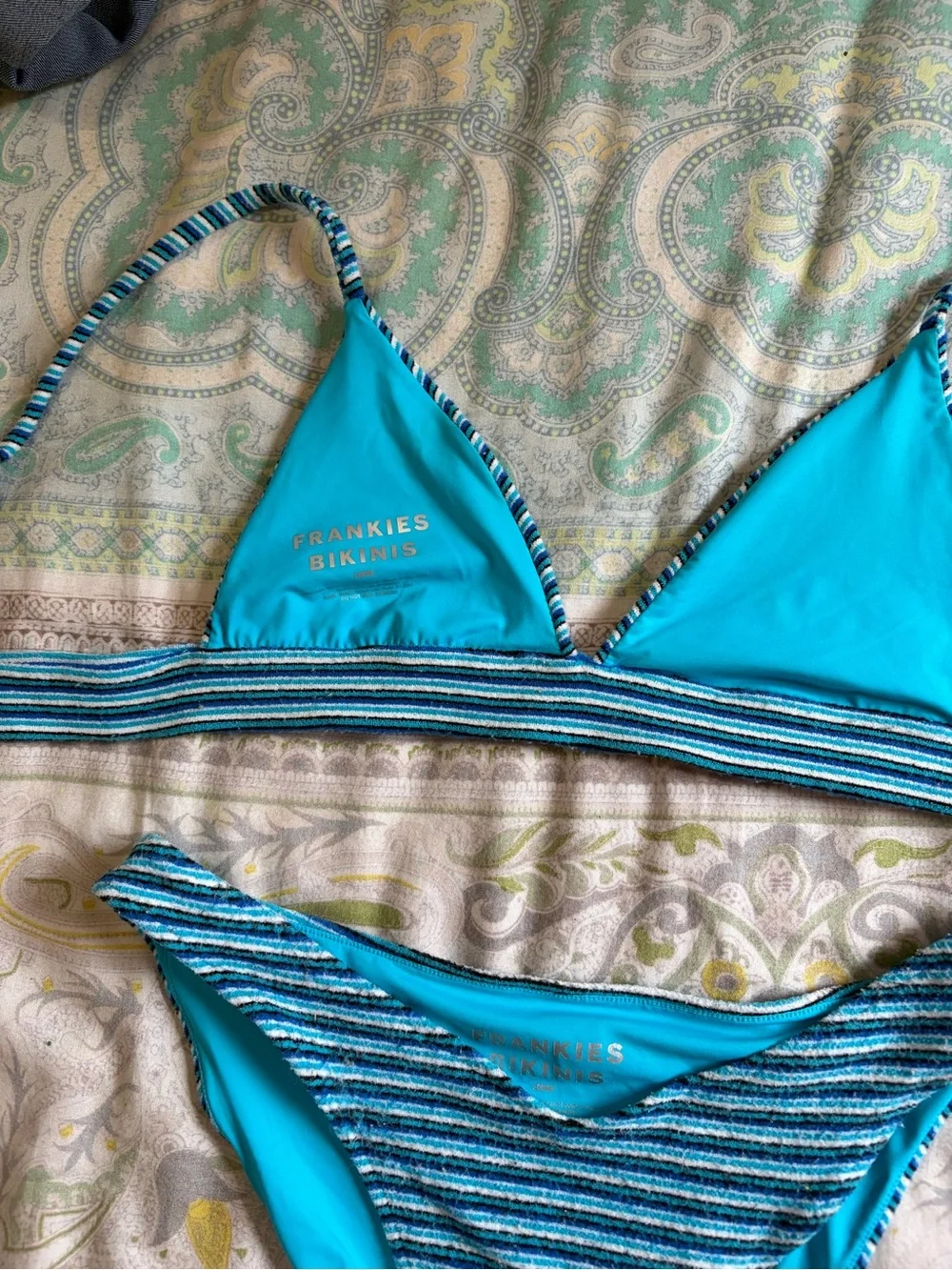 Frankie's Bikinis Teal and Navy Striped Triangle Bikini